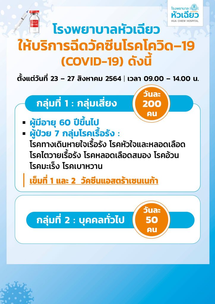 เปิดฉีดวัคซีนโควิด-19 วัคซีนแอสตร้าเซเนก้า ที่ รพ.หัวเฉียว ตั้งแต่ 23-27 ส.ค. นี้ 