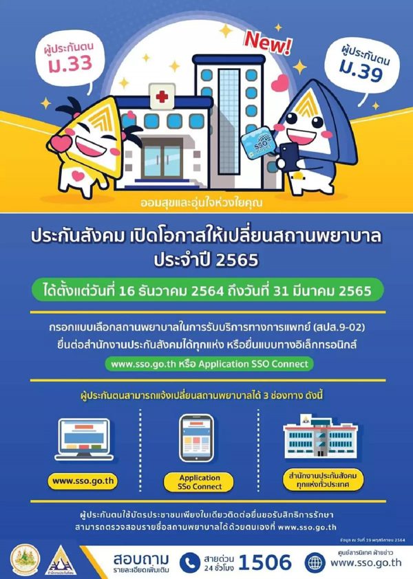 ประกันสังคม เปิดให้ผู้ประกันตน ม.33 ม.39 ยื่นเรื่องเปลี่ยน ร.พ. ปี 65